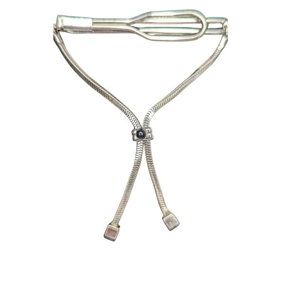 Vintage Swank Silver bolo style slide chain tie bar clip with black stone - Picture 1 of 6